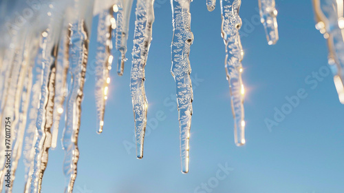Crystal Cascades: Close-up of Icicles Adorning Roof Edge