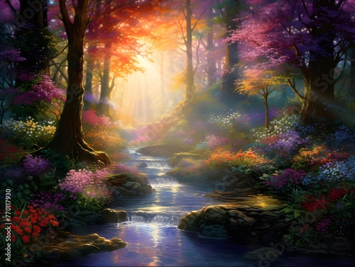 Fantasy landscape with a river and trees in the forest at sunset