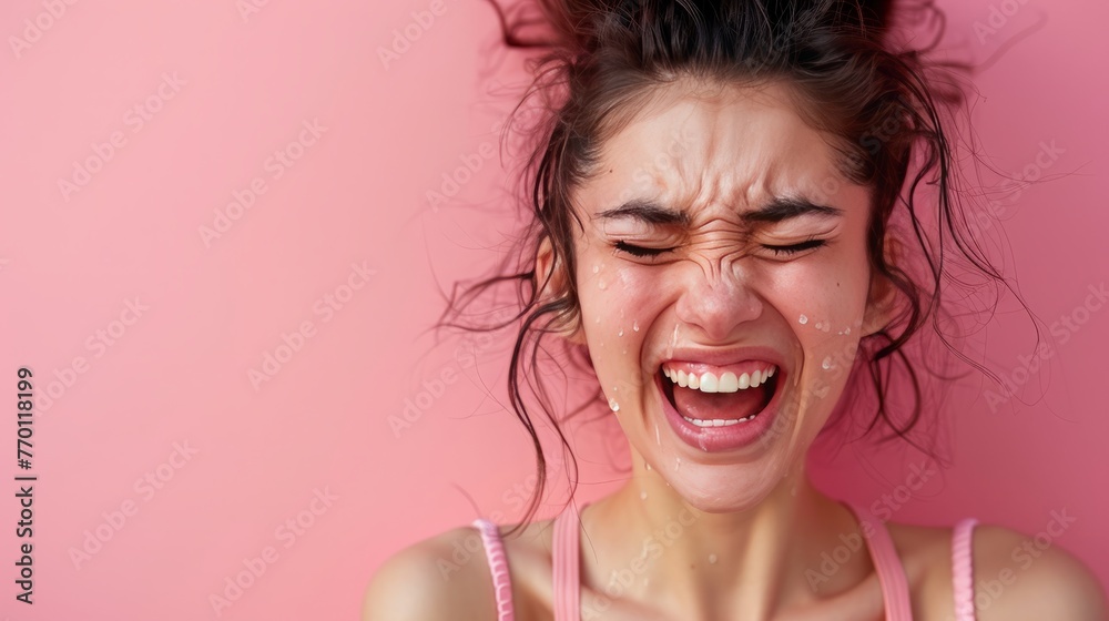 A woman crying and shouting on isolated pink background A woman crying and shouting on isolated pink background
