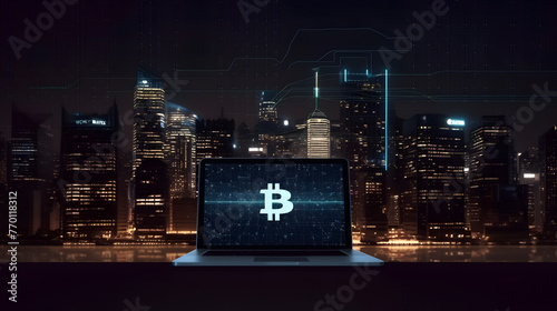 computer with bitcoin currency graph in front of dark city photo