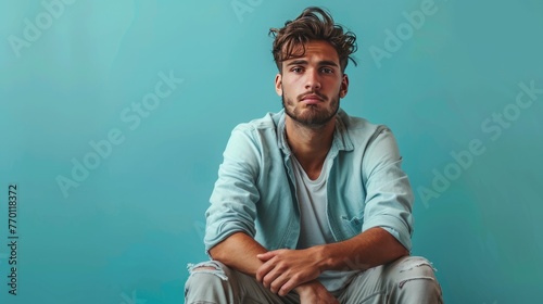 Stunned man on isolated blue background photo