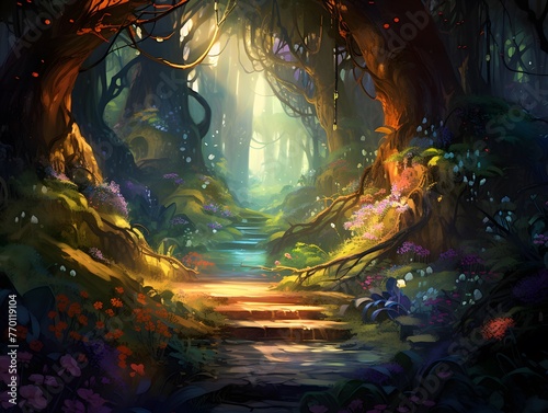 Fantasy forest in the light of the setting sun. 3d rendering