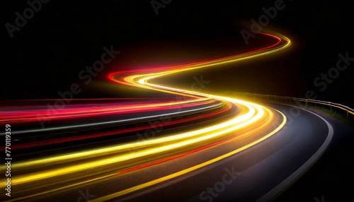 Road light. Curve streak trail line. Fast speed car. Long yellow and red way effect. Glowing street exposure. Blurred motion. Sparkling flow. © adobedesigner