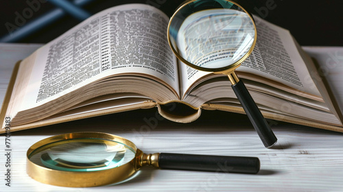 Desk with Magnifying Glass and Open Book: Symbolizing Research and Discovery