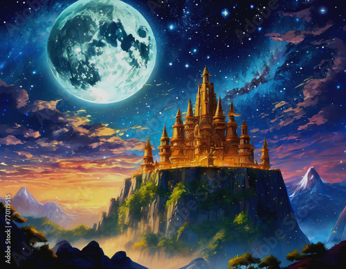 ゲーム背景幻想的風景夜空と夜明けを迎える崖の上の満月の城