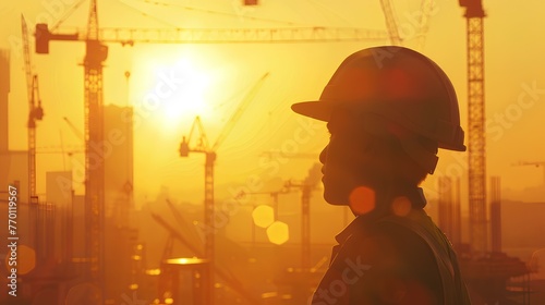 workers and building cranes, background is a silhouette construction worker's head wearing safety helmet and construction site. light orange with geometric patterns in yellow background. generative AI