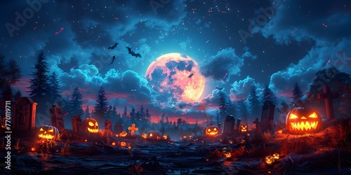 A Jack-o -lantern in a spooky Halloween scene. Concept Halloween  Pumpkin Carving  Spooky Decorations