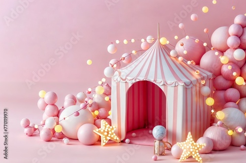 Circus tent with pink balloons, stars and confetti on pink background photo