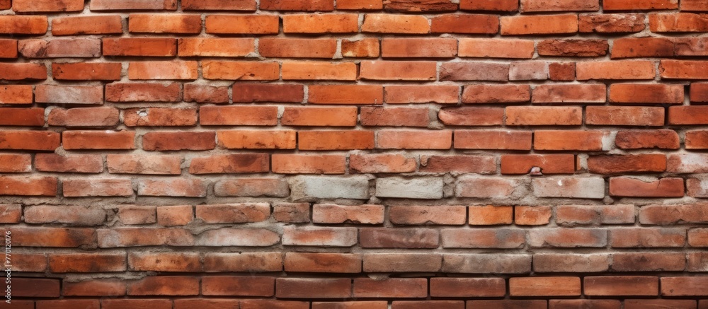 Detailed view of a solid brick wall displaying numerous individual bricks in varying shades and textures Detailed view of a solid brick wall displaying numerous individual bricks in varying shades and textures
