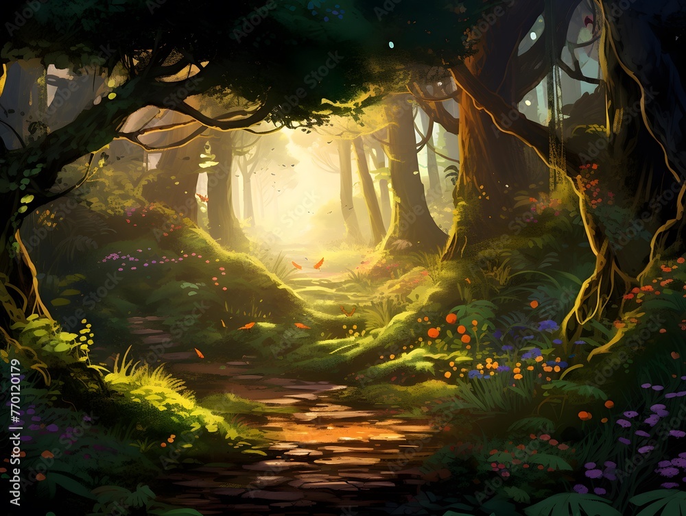 Fantasy forest in the rays of the setting sun. Digital painting.