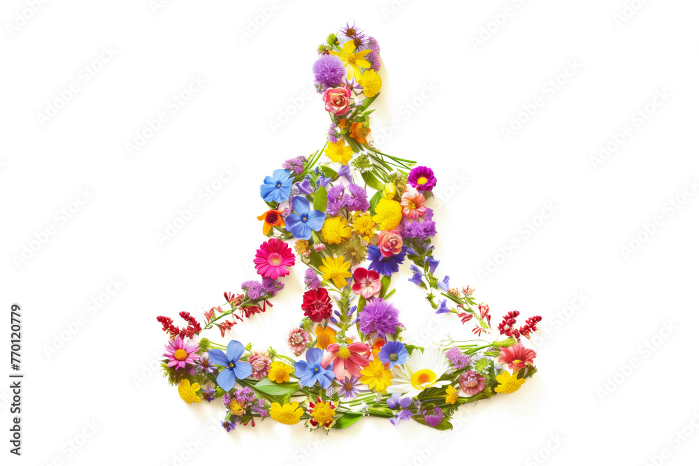 Yoga Lotus Pose Made of Colorful Flowers Isolated on White Background