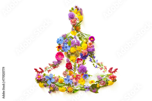 Yoga Lotus Pose Made of Colorful Flowers Isolated on White Background