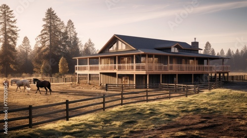 Exterior of horse ranch with empty wooden walkout deck photo