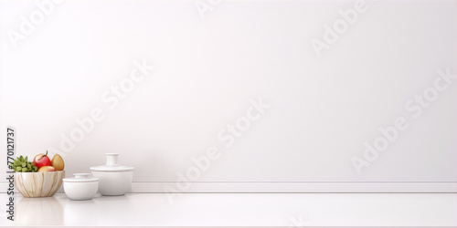 3d rendering of a white kitchen counter with a wooden bowl of fruit and two ceramic jars on a white background in a minimalist style