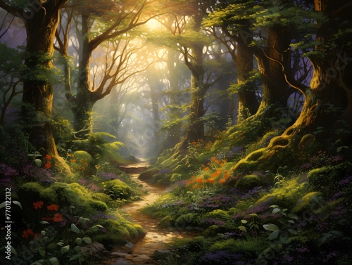 Digital Illustration of a Fantasy Forest with a Path in the Foreground