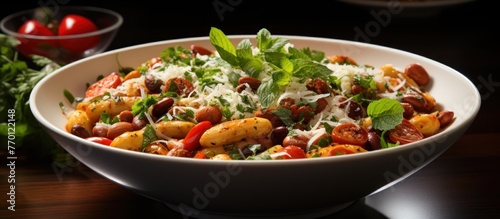 white bowl filled with Pasta Fagioli soup