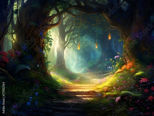 Fantasy fantasy landscape with a path in the forest. 3d rendering