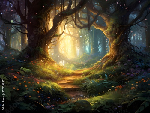 Fantasy forest with a path through the trees, 3d illustration