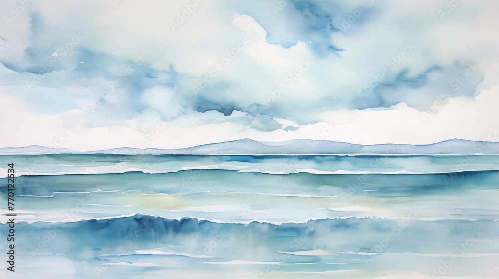 Fototapeta premium Watercolor painting of a tranquil seascape with distant mountains in shades of blue and white.