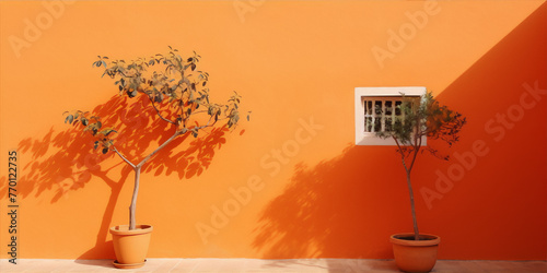 Two potted trees in front of an orange wall casting shadows, creating a still life with vibrant colors and a minimalist aesthetic. photo