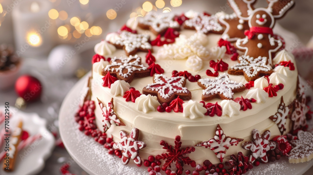 A festive Christmas cake adorned with icing, sprinkles, and decorative ornaments displayed on a table. A festive Christmas cake adorned with icing, sprinkles, and decorative ornaments displayed on a table.