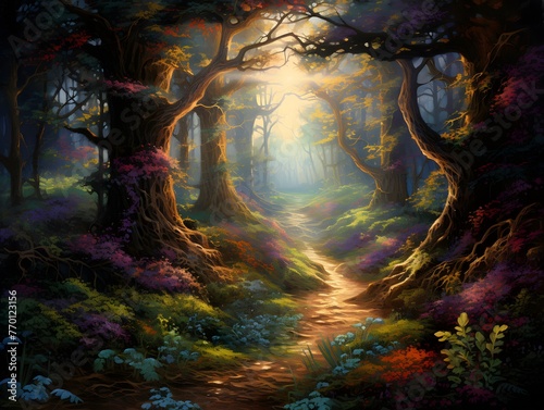 Digital painting of a fantasy woodland scene with a path leading through the woods