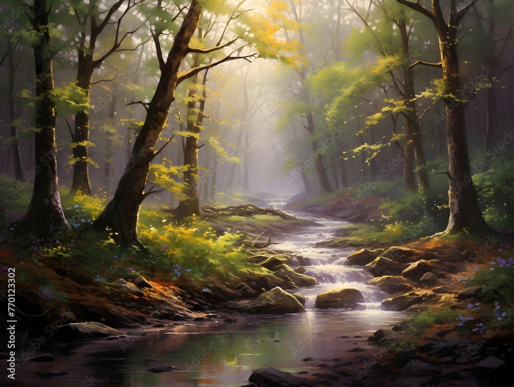 Autumn forest with fog and a stream. Panoramic image.