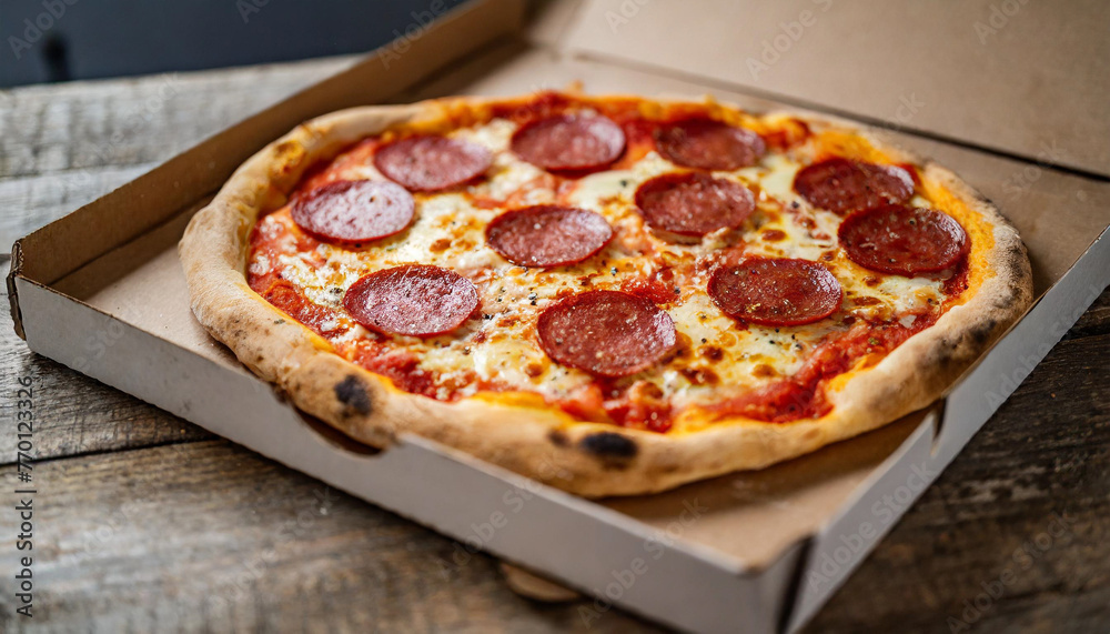freshly opened thick pepperoni pizza box, steam rising, invitingly warm and appetizing freshly opened thick pepperoni pizza box, steam rising, invitingly warm and appetizing