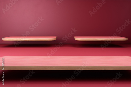 3D rendering of two floating shelves and a table against a pink background in a minimalist style. © AbdulAmjad