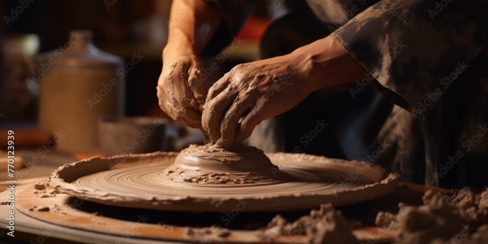 making ceramic dishes on a pottery wheel Generative AI - obrazy, fototapety, plakaty 