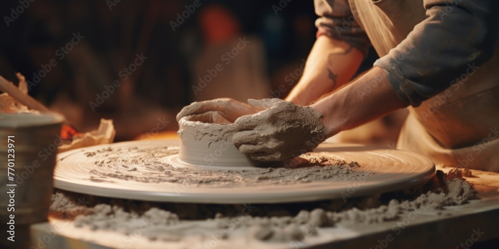 making ceramic dishes on a pottery wheel Generative AI - obrazy, fototapety, plakaty 
