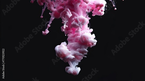 A pink liquid sprayed into black water. A pink smoke coming out from above on a pink background. Pink Ink swirling in black.