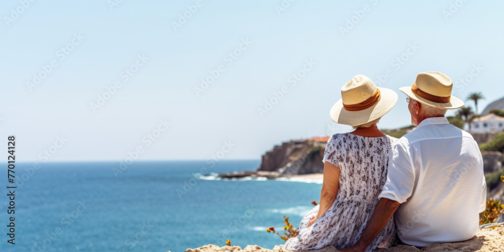 Senior couple relaxing together near the sea on sunny day