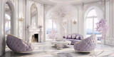 Exquisite sitting room with white marble floor, crystal chandelier, white and purple furniture and a pink blossom tree in the middle.