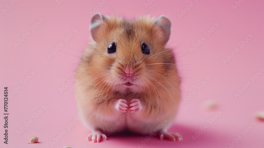 A cute hamster on a pastel pink background A cute hamster on a pastel pink background