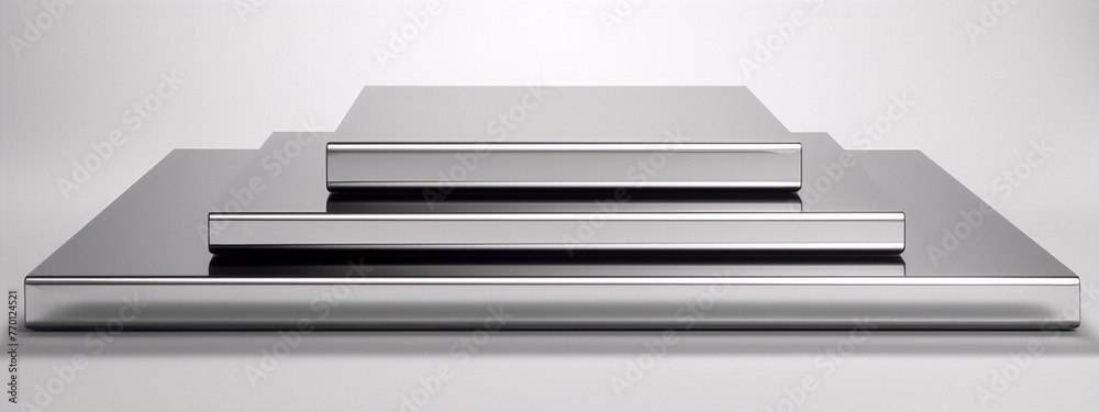 3D rendering of a silver metal podium with three steps on a white background in a minimalist style 3D rendering of a silver metal podium with three steps on a white background in a minimalist style