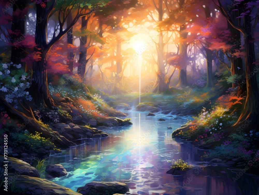 Digital painting of a river flowing through a forest at sunset. Colorful autumn landscape.