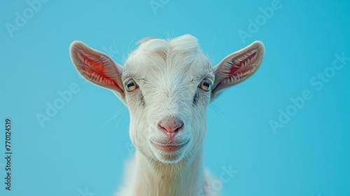 A goat on a pastel blue background