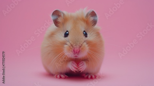 A cute hamster on a pastel pink background © PD