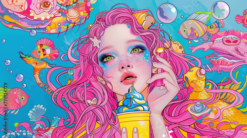 A vibrant, eye-catching illustration of a girl with long pink hair and colorful makeup, sipping from a whimsical beverage cup.