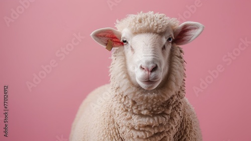 A sheep on a pastel pink background photo