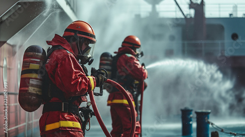 Seamen during fire emergency training drill, on board a merchant cargo ship, wearing fire fighting equipment and helmets. Rigged fire hose for jet spray, with emergency fire pump photo