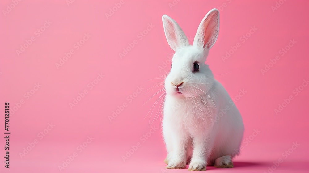 White bunny on a pastel pink background White bunny on a pastel pink background