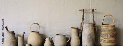 A still life of various ceramic pots and jugs in neutral colors with simple forms and incised geometric patterns. photo