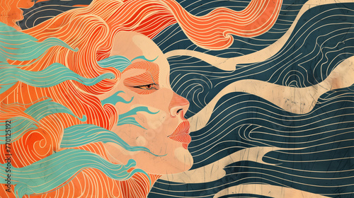 An artistic illustration featuring the stylized portrait of a woman, interwoven with flowing, wave-like patterns in a striking color palette. 