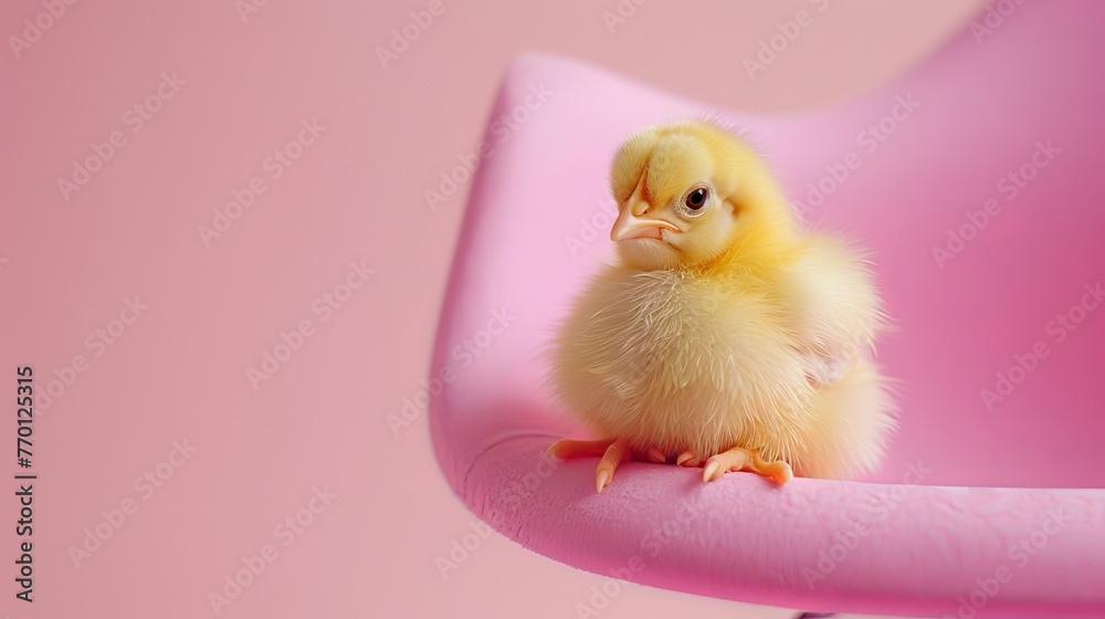 A little yellow chicken on a pastel pink background