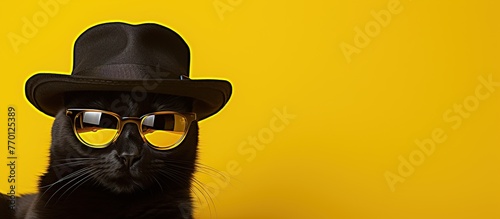 Closeup portrait of funny ginger cat wearing sunglasses isolated on yellow