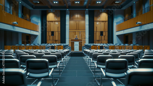 Empty Conference Halls and Podiums for International Meetings