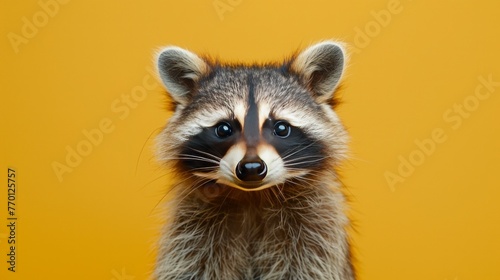 A raccoon on a pastel yellow background