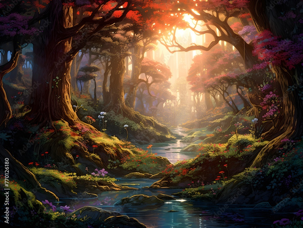 Beautiful fantasy landscape with a river and trees in the forest.